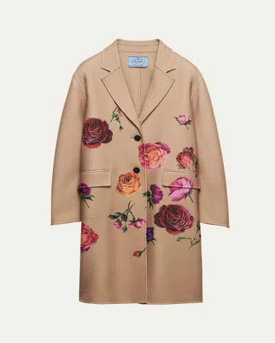 Prada Floral-print Cashmere Coat In Brown