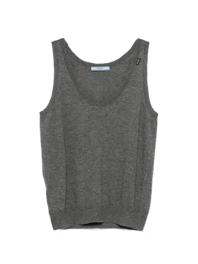 Prada Fine Cashmere Sleeveless Knit Scoop Neck In Gray
