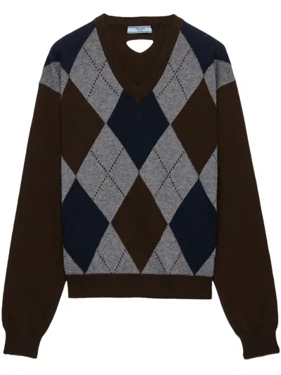Prada V-neck Cashmere Sweater In Brown