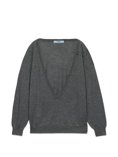 Prada Cashmere V-neck Sweater In Gray