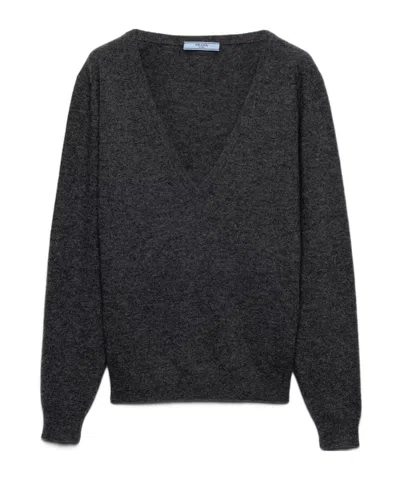 Prada Cashmere V-neck Sweater In Slate Ash