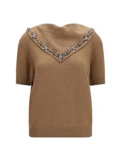 Prada Cashmere With Jeweled Scarf Neckline Sweater In Brown