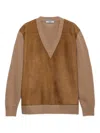 Prada Cashmere, Wool And Suede V-neck Sweater In Brown