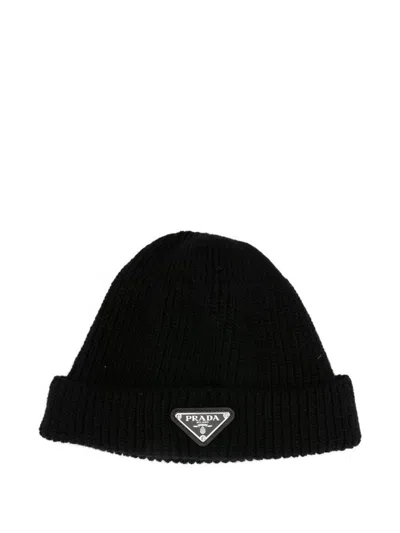 Prada Ribbed Logo-plaque Beanie Accessories In Black
