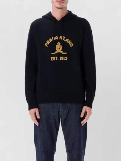 Prada Cashmere Wool Hooded Logo Knit Sweatshirt In Black
