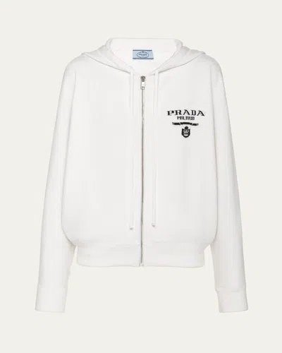 Prada Cashmere Zip-up Sweatshirt With Logo Detail In Bianco