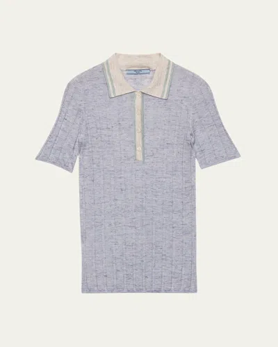 Prada Cashmere-silk Rib Polo Shirt In Blue