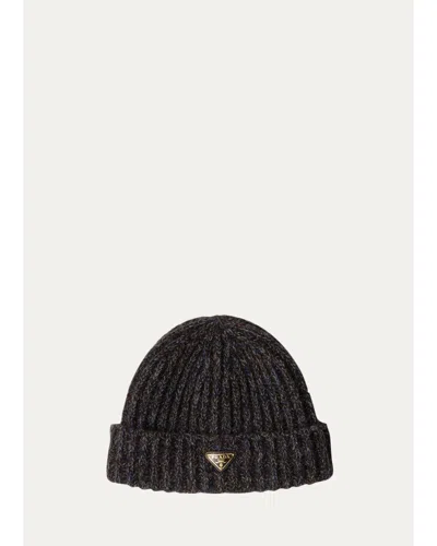 Prada Cashmere-wool Rib Knit Beanie In Blue