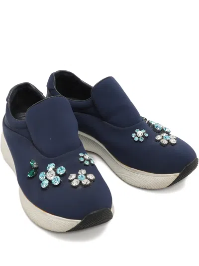 Pre-owned Prada Catch Me If You Can Crystal-embellished Sneakers In Blue
