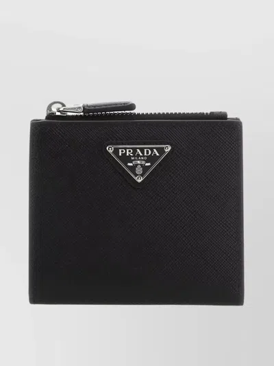 Prada Chain Clip Textured Leather Wallet In Black