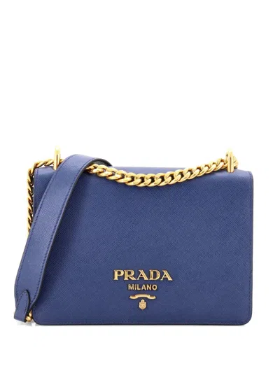 Pre-owned Prada Chain Flap Bag Saffiano Leather Small Crossbody Bag In Blue