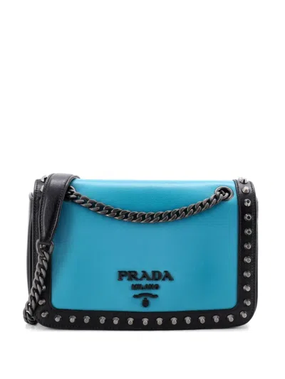 Pre-owned Prada Chain Flap Bag Studded Glace Calf Small Crossbody Bag In Black