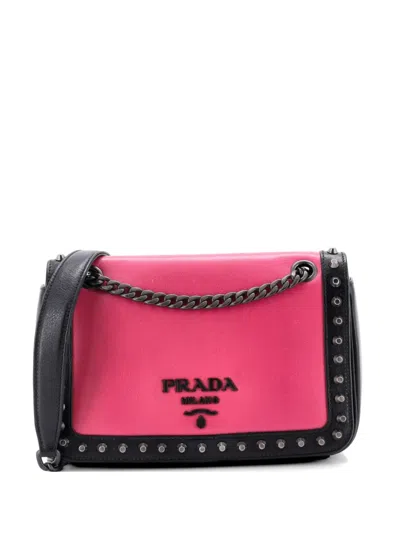 Pre-owned Prada Chain Flap Bag Studded Glace Calf Small Crossbody Bag In Pink