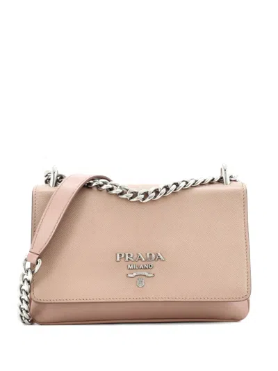 Pre-owned Prada Chain Flap Saffiano And Soft Calf Small Crossbody Bag In Neutral