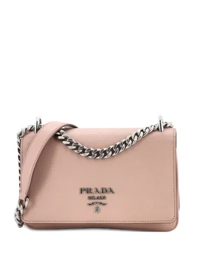 Pre-owned Prada Chain Flap Saffiano And Soft Calf Small Crossbody Bag In Neutral