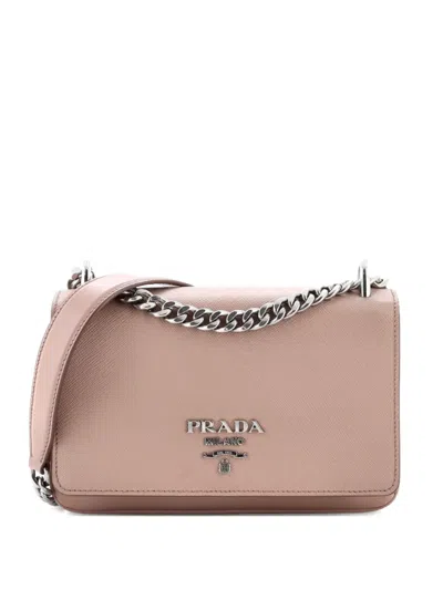 Pre-owned Prada Chain Flap Saffiano And Soft Calf Small Crossbody Bag In Neutral