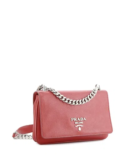 Pre-owned Prada Chain Flap Saffiano And Soft Calf Small Crossbody Bag In Red
