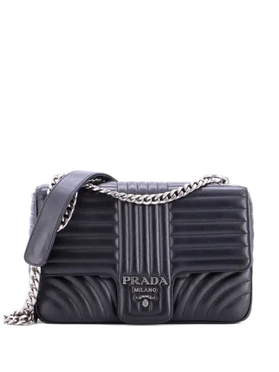 Pre-owned Prada Chain Flap Shoulder Bag Diagramme Quilted Leather Medium Crossbody Bag In Black