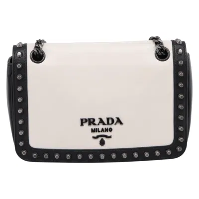 Pre-owned Prada Chain Flap Studded Glace Calf White Leather Shoulder Bag Bag ()
