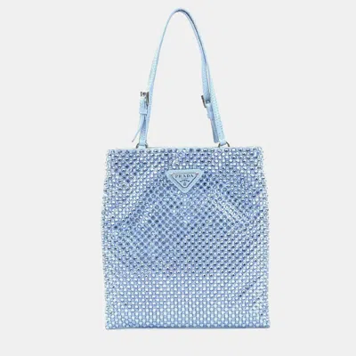 Pre-owned Prada Chain Flat Mini Celeste Blue Satin Crystal Tote Bag