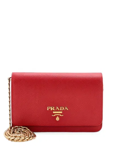 Pre-owned Prada Chain Wallet Saffiano Leather Crossbody Bag In 红色