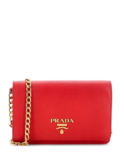 Pre-owned Prada Chain Wallet Saffiano Leather Crossbody Bag In Red