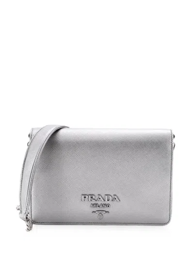 Pre-owned Prada Chain Wallet Saffiano Leather Crossbody Bag In Silver