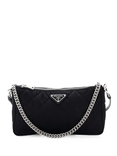 Pre-owned Prada Chain Zip Shoulder Bag Quilted Tessuto Small Crossbody Bag In Black