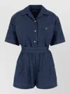 Prada Chambray Jumpsuit Belted Waist Chest Pocket Short Sleeves In Blue