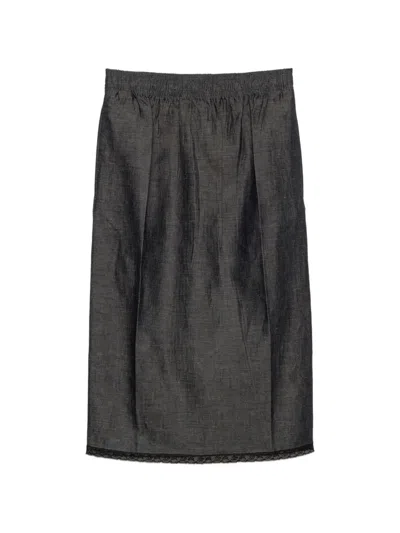 Prada Womens Blue Lace-trim Chambray Cotton And Linen-blend Midi Skirt In Black