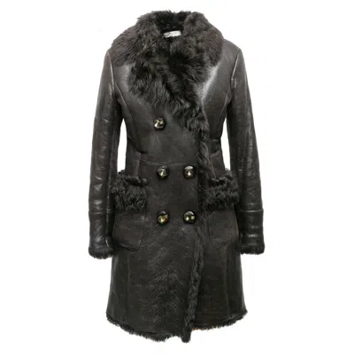 Pre-owned Prada Charcoal  2009 Patent Shearling Double-breasted Coat Size It 42 In Black