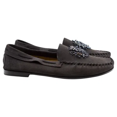 Pre-owned Prada , Charcoal Suede Loafers With Beaded Embellishments And Leather Soles, Box In Black