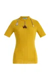 Prada Chain Embroidered Wool Knit Short-sleeve Sweater In Yellow