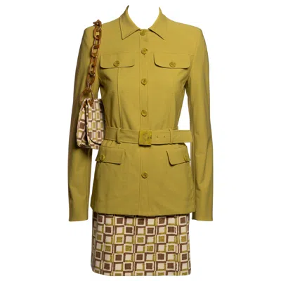 Pre-owned Prada Chartreuse Safari Jacket, Printed Skirt And Bag Ensemble, Ss 1996 In Brown