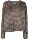 Prada V-neck Checked Pullover In Marrone