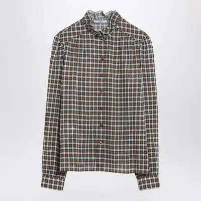 Prada Check-patterned Shirt Turquoise/cocoa In Silk Blend In Multi