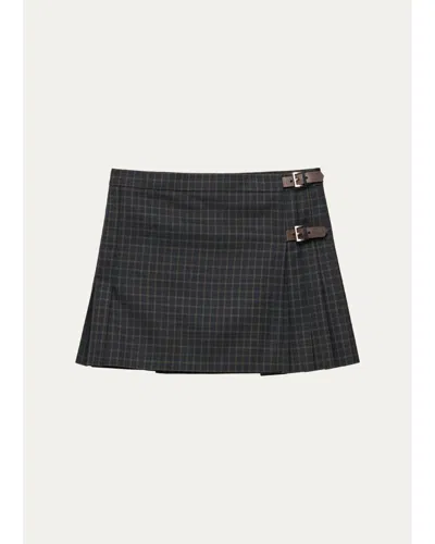 Prada Check Pleated Buckle Wrap Mini Skirt In Black
