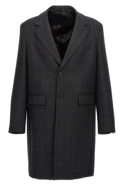 Prada Check Single-breasted Coat In Gray