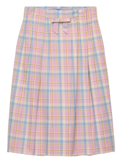 Prada Checked Bow-detail Midi Skirt In Pink