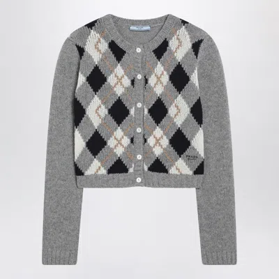 Prada Checked Cardigan In Gray