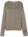 Prada Check Pattern V-neck Angora-virgin Wool Blend Top In Gray