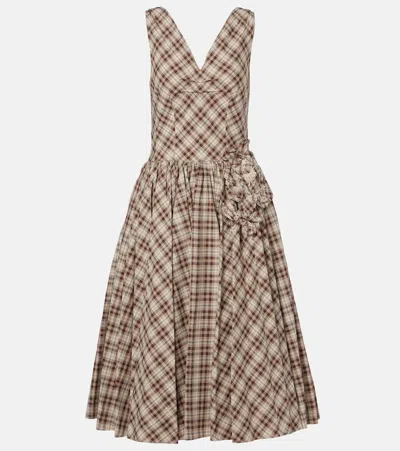 Prada Embroidered Check Cotton Poplin Midi Dress In Brown