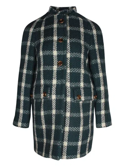 Pre-owned Prada Checked High-neck Coat In Green