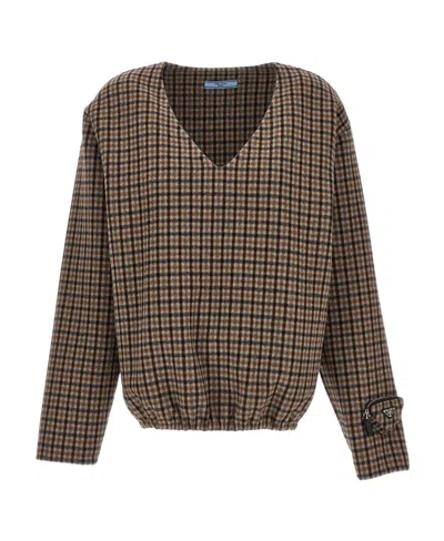 Prada Checked V-neck Top In Brown