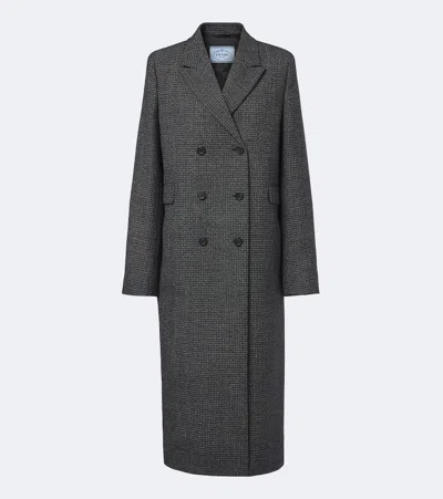 Prada Checked Virgin Wool Coat In Black