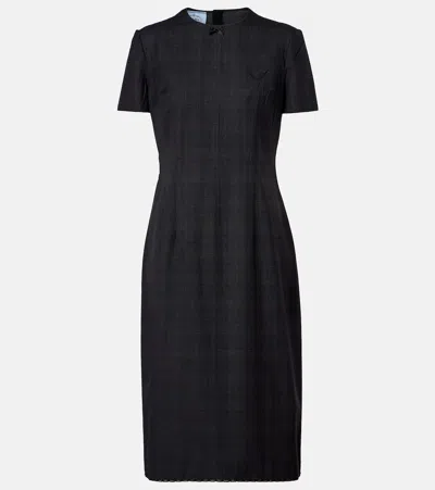 Prada Checked Virgin Wool Midi Dress In Black
