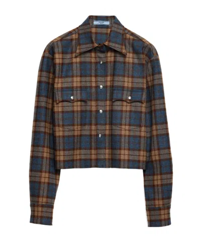 Prada Checked Wool And Twill Shirt In Tobacco Color