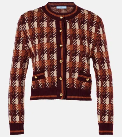 Prada Checked Wool Cardigan In Brown