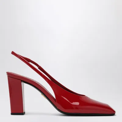 Prada Block Heel Patent Finish Pointed Toe Pumps In Cherry