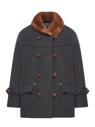 Prada Chevron Wool Coat In Gray